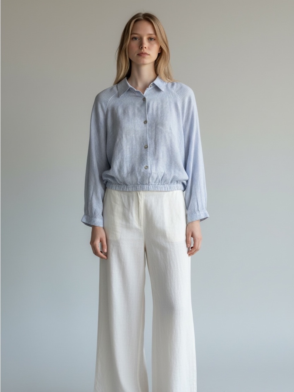 Rachel Zoe 100% Linen Long Sleeve Button White Blue Strip Top XL Coastal Resort